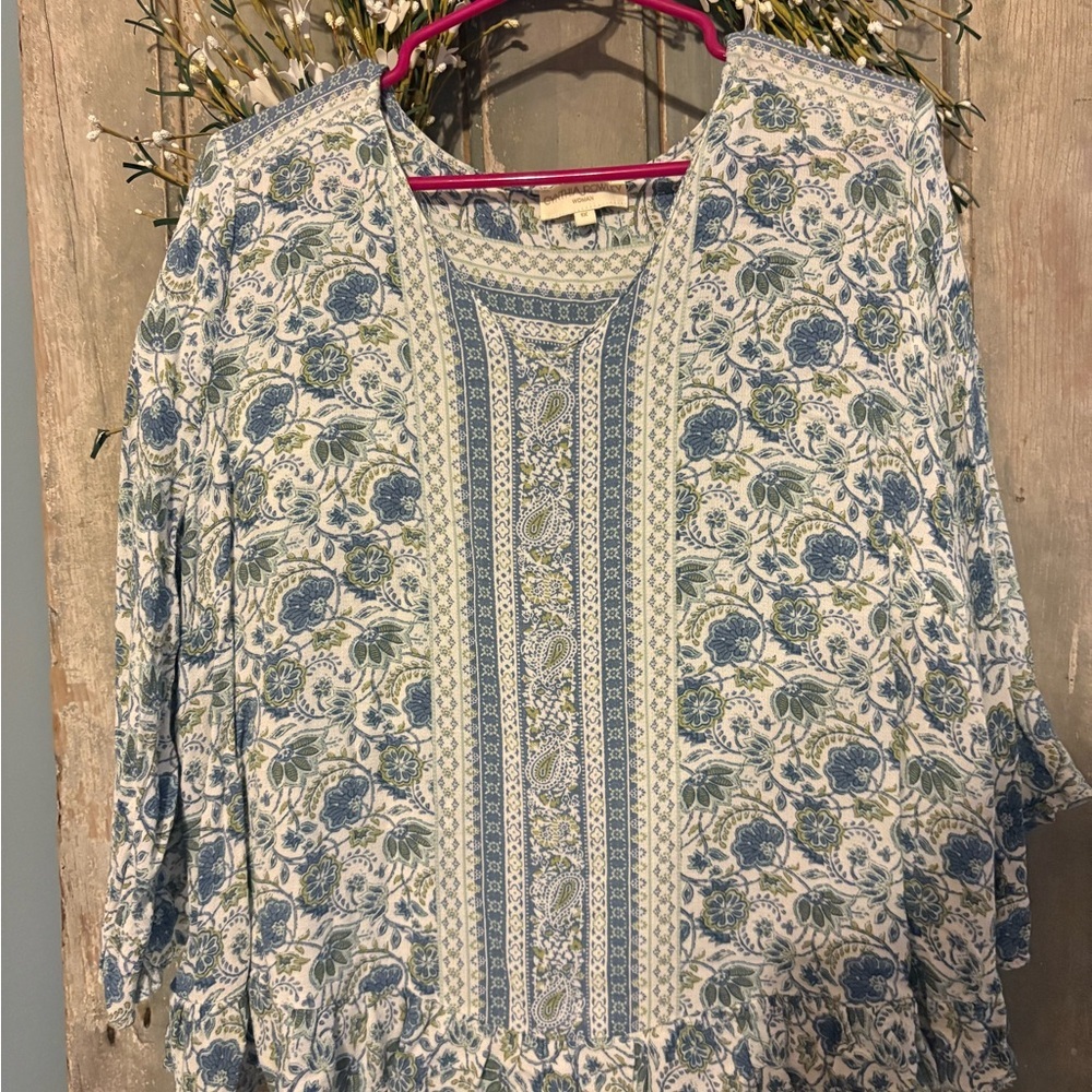 Cynthia Rowley Blue and White Floral Blouse Size 1X